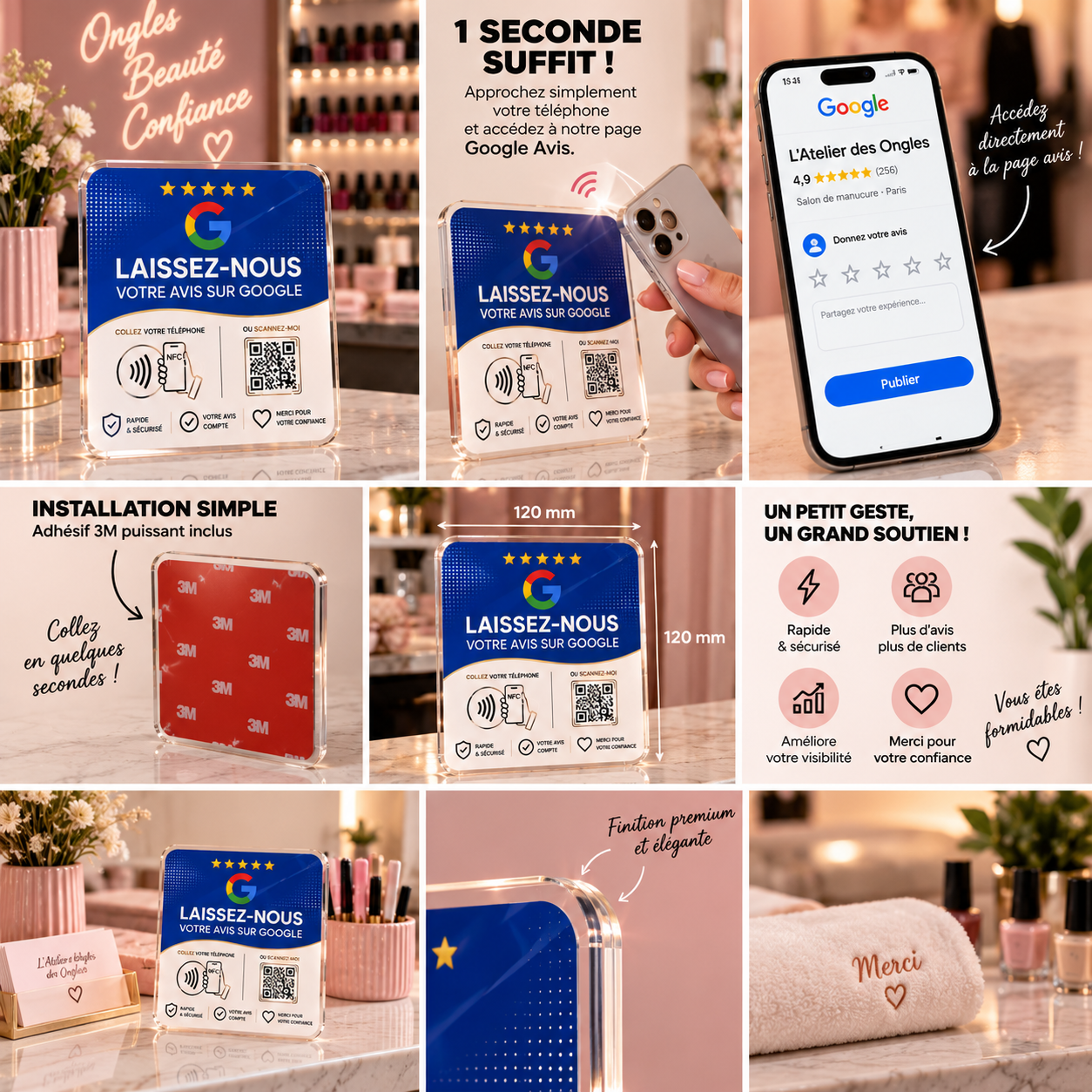 Présentation détaillée de la plaque Avis Google : usage, dimensions 120 mm, adhésif 3M et finition premium